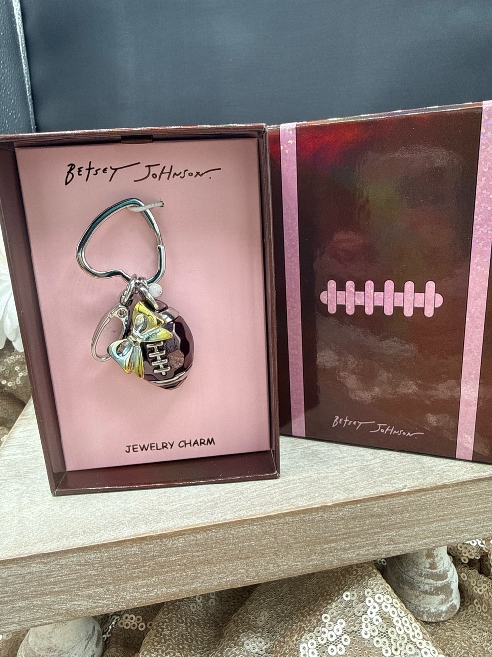 Betsey Johnson Pink & Brown Football Charm Key Ring with Gold Bow